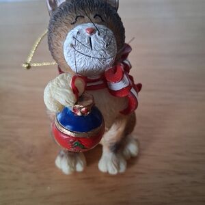 Festive Cat Ornament with Red and Blue Accents Bell